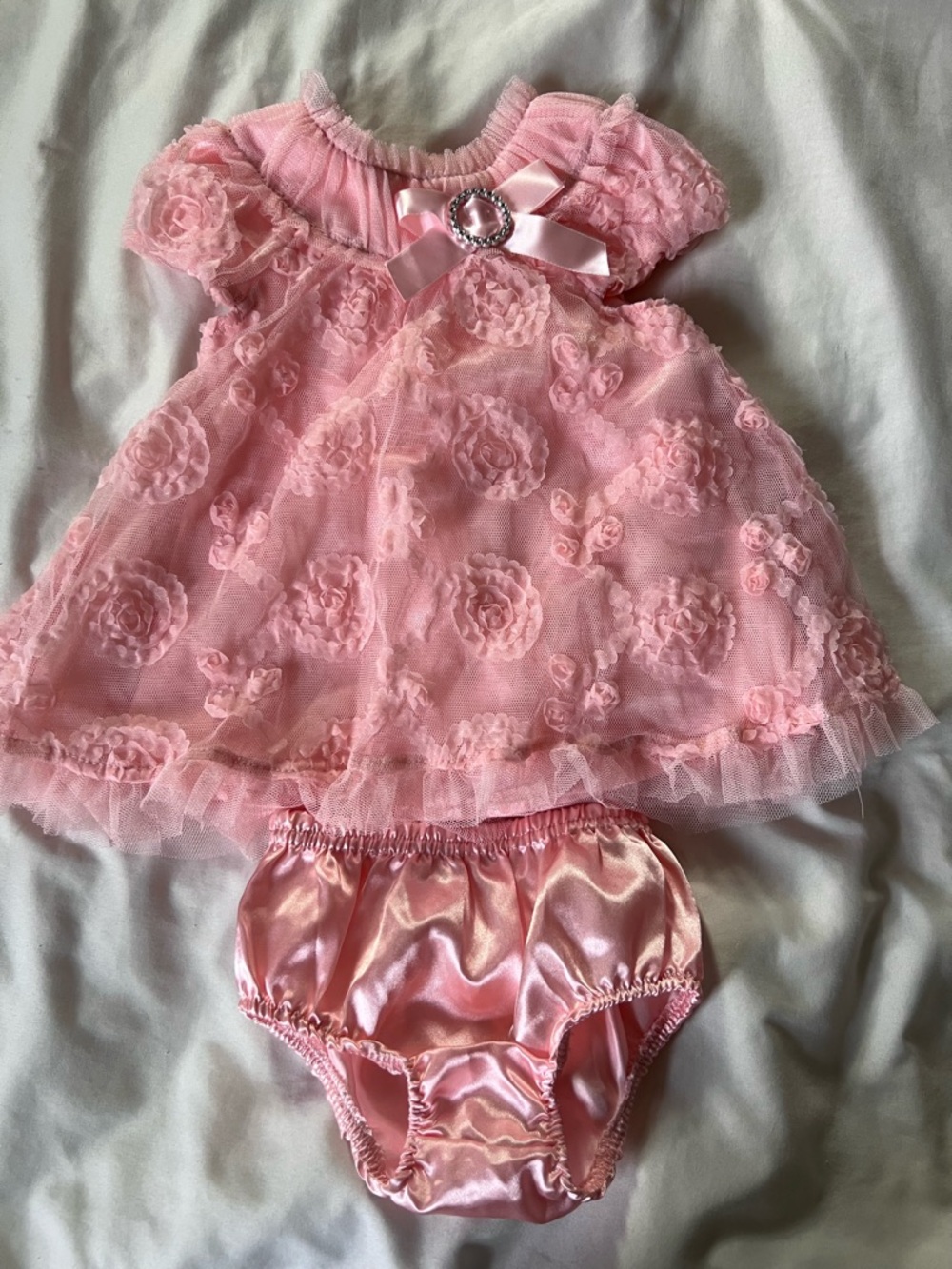 Pink Floral Lace Baby Dress with Satin Bloomer